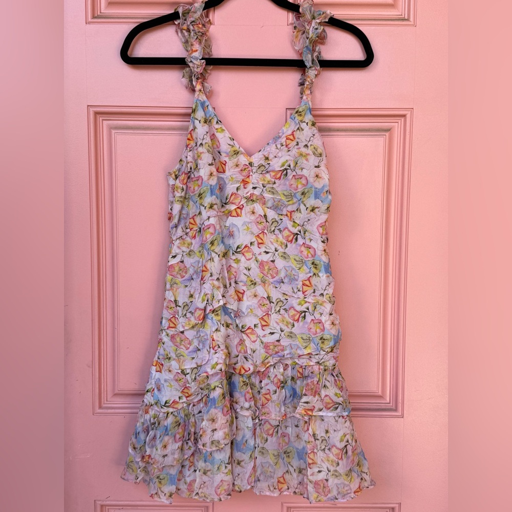 LoveShackFancy Floral Mini Dress, 8 fits like 4/6, Ruffled Straps & Tiered Skirt